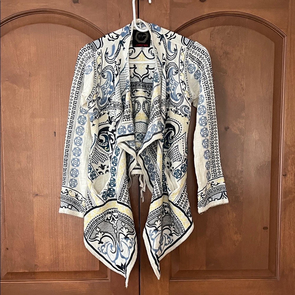 Johnny Was Blue and Cream Patterned Cardigan